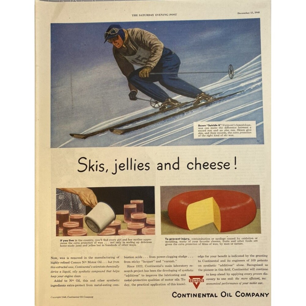 CONOCO Continental Oil Company "Skis, Jellies and Cheese!" Vintage Print Ad 1948